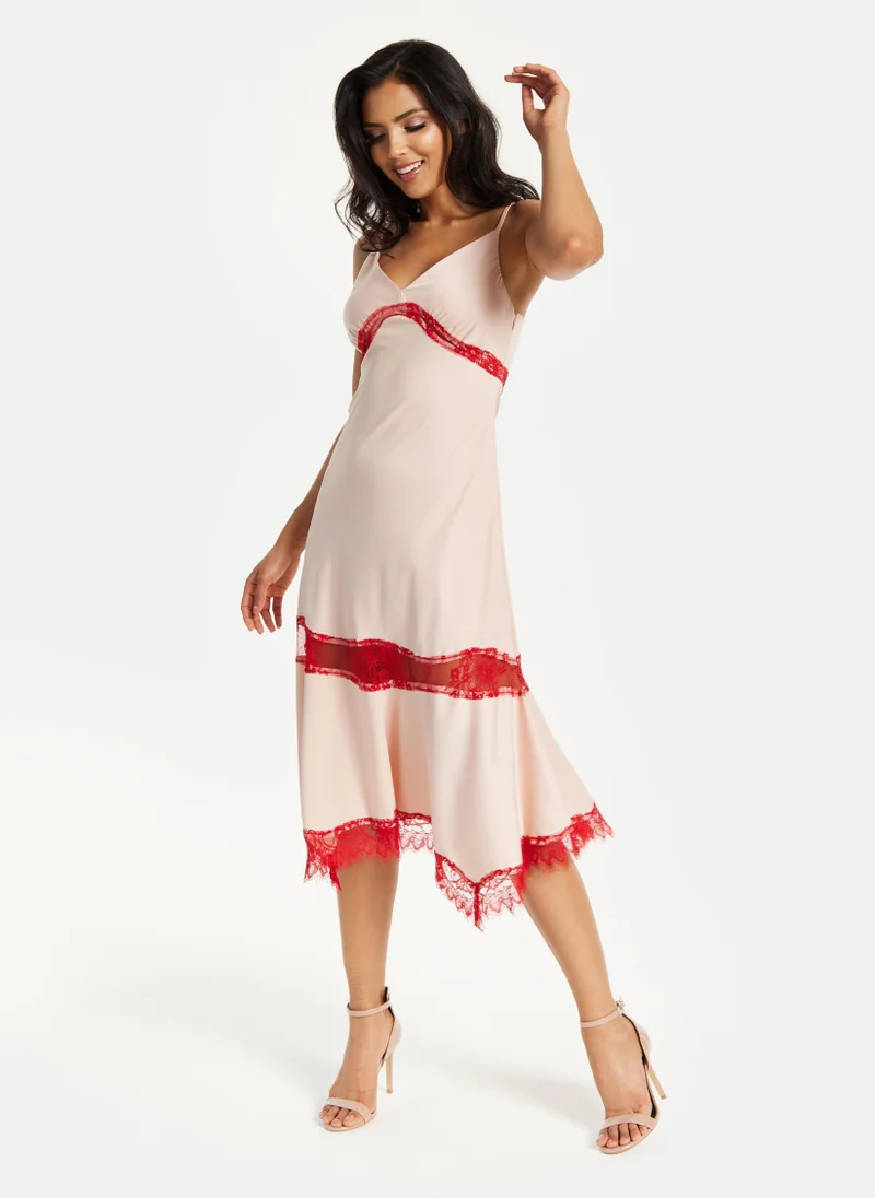 Liquorish CONTRAST LACE DETAILED STRIP MIDI DRESS