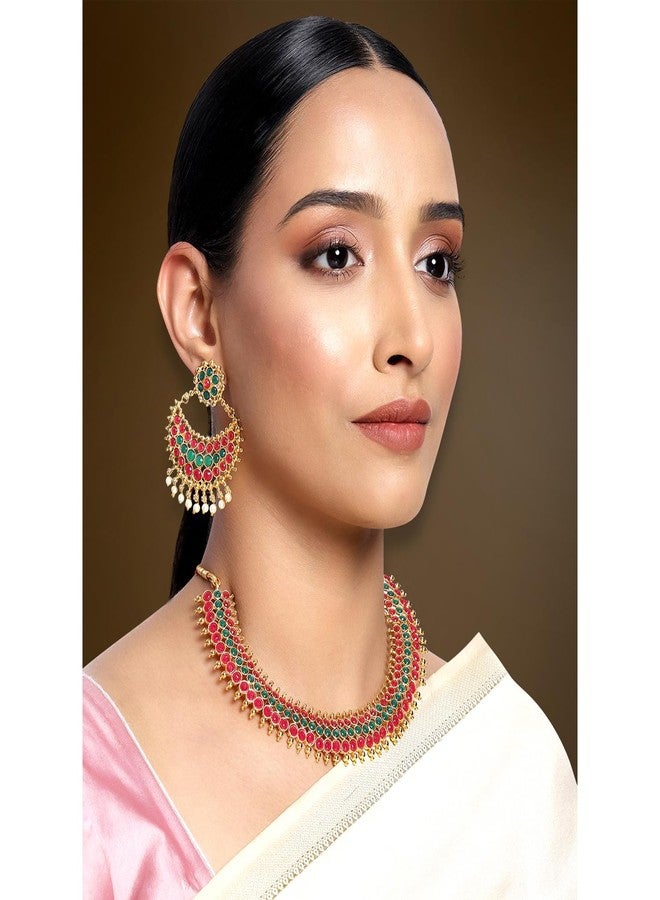 Aheli Traditional Green Red Faux Stone Studded Nekclace Earrings Set Bollywood Wedding Ethinc Fashion Bharatanatyam jewellery set Gift for Women - Image 2