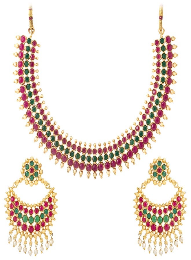 Aheli Traditional Green Red Faux Stone Studded Nekclace Earrings Set Bollywood Wedding Ethinc Fashion Bharatanatyam jewellery set Gift for Women - Image 1