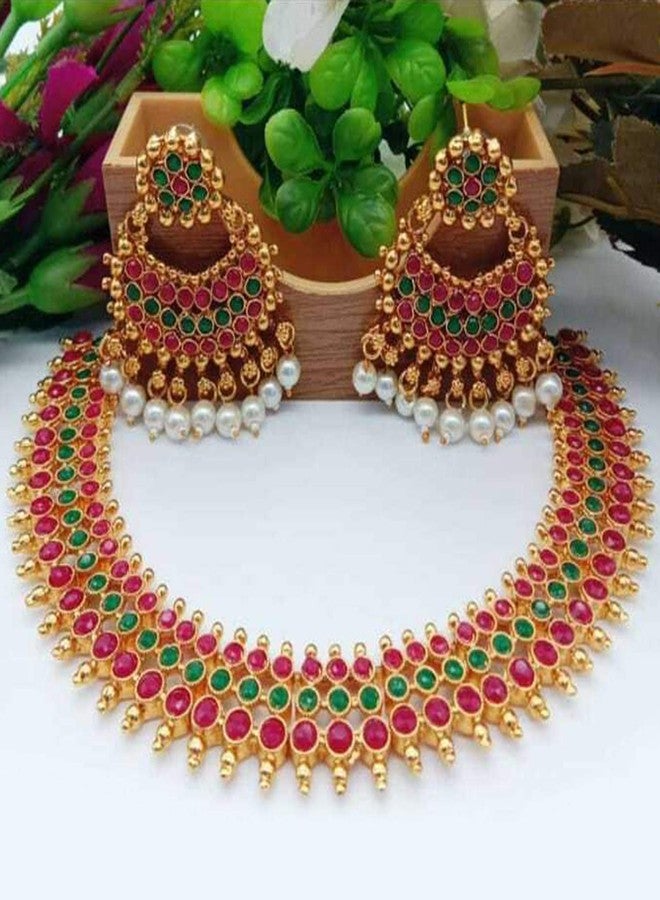 Aheli Traditional Green Red Faux Stone Studded Nekclace Earrings Set Bollywood Wedding Ethinc Fashion Bharatanatyam jewellery set Gift for Women - Image 3