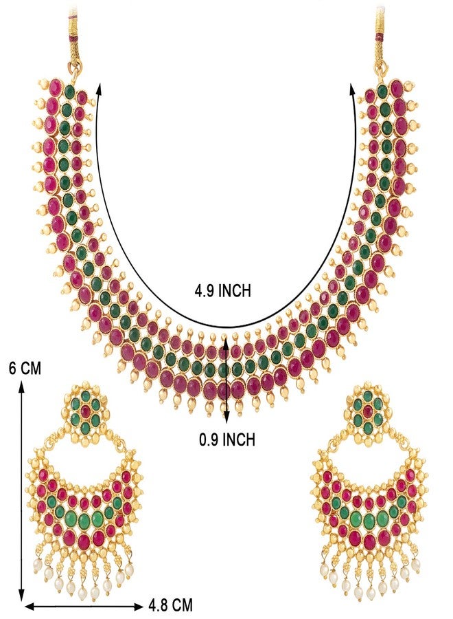 Aheli Traditional Green Red Faux Stone Studded Nekclace Earrings Set Bollywood Wedding Ethinc Fashion Bharatanatyam jewellery set Gift for Women - Image 4