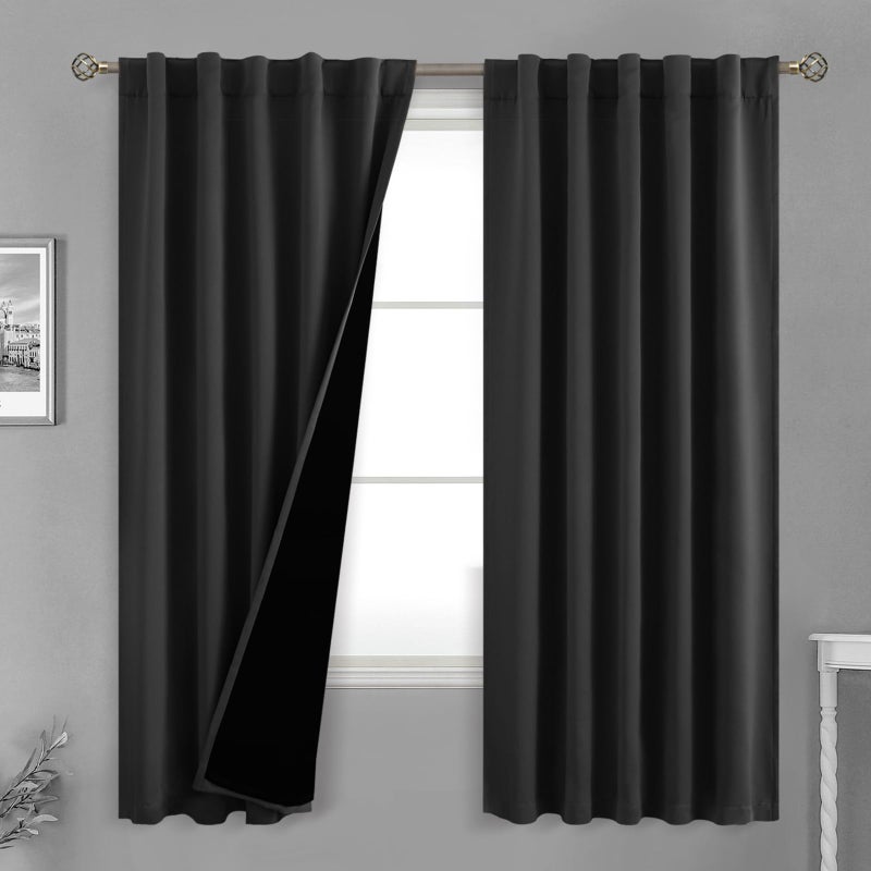 BGment بئسة الستائر الكاملة للخلط مع ستائر بطانة العزل الحراري 72 بوصة قضيب طويل الجيب وعلامة التبويب الظهر طبقة مزدوجة ستارة نافذة غامق لغرفة النوم (42 × 72 بوصة 2 لوحات أسود) - Image 1