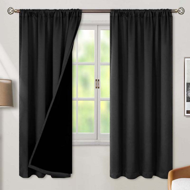 BGment بئسة الستائر الكاملة للخلط مع ستائر بطانة العزل الحراري 72 بوصة قضيب طويل الجيب وعلامة التبويب الظهر طبقة مزدوجة ستارة نافذة غامق لغرفة النوم (42 × 72 بوصة 2 لوحات أسود) - Image 2