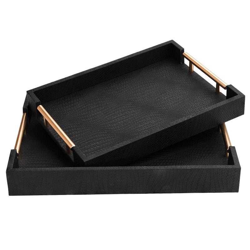 MACVAD 2 Piece Woven Leather Ottoman Tray with Gold Handles, Perfect Rectangular Serving Tray for Living Room, Coffee Table Tray as Thoughtful Gift for Home Decor Enthusiasts (Black) - Image 1