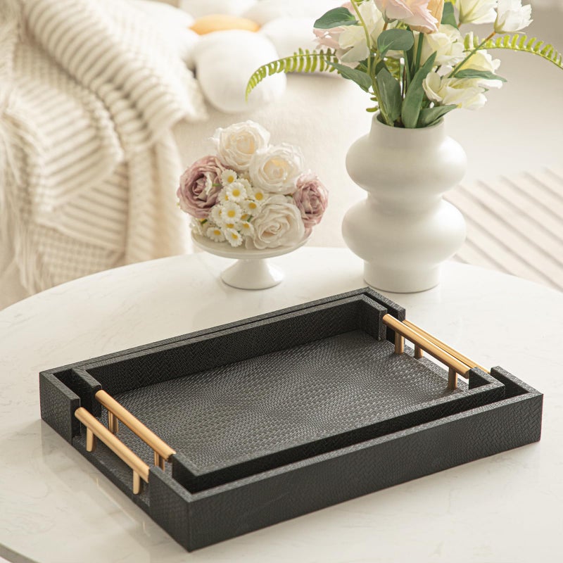 MACVAD 2 Piece Woven Leather Ottoman Tray with Gold Handles, Perfect Rectangular Serving Tray for Living Room, Coffee Table Tray as Thoughtful Gift for Home Decor Enthusiasts (Black) - Image 3