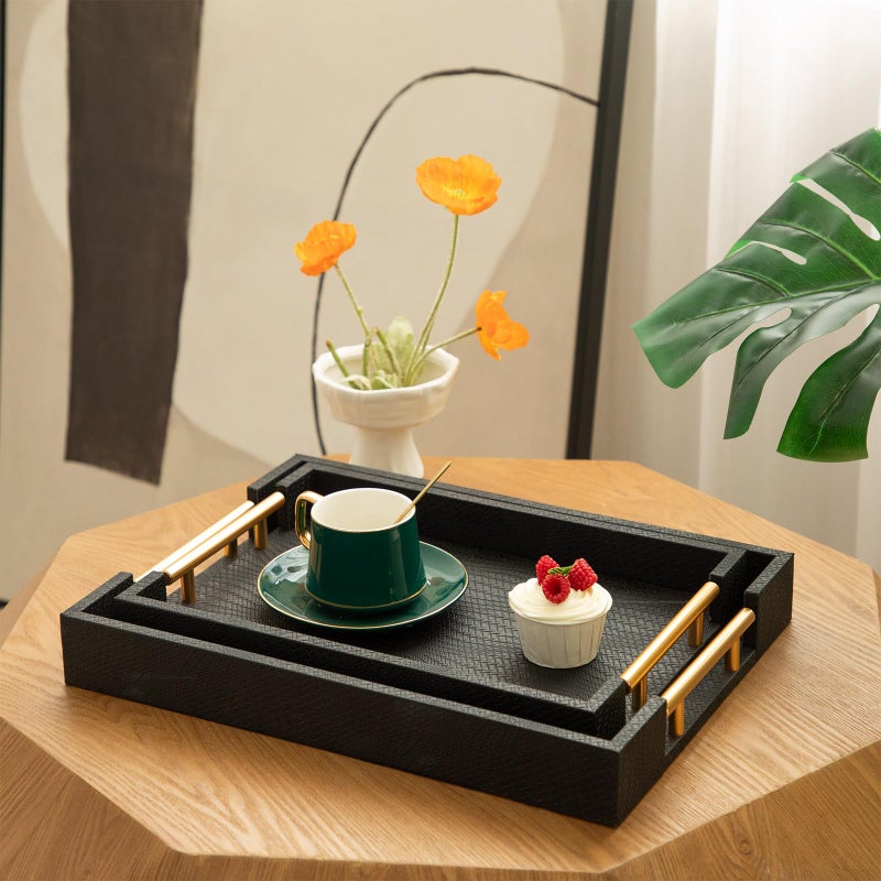 MACVAD 2 Piece Woven Leather Ottoman Tray with Gold Handles, Perfect Rectangular Serving Tray for Living Room, Coffee Table Tray as Thoughtful Gift for Home Decor Enthusiasts (Black) - Image 2