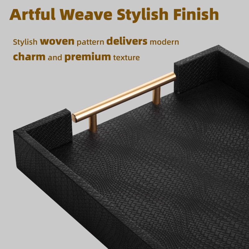 MACVAD 2 Piece Woven Leather Ottoman Tray with Gold Handles, Perfect Rectangular Serving Tray for Living Room, Coffee Table Tray as Thoughtful Gift for Home Decor Enthusiasts (Black) - Image 5