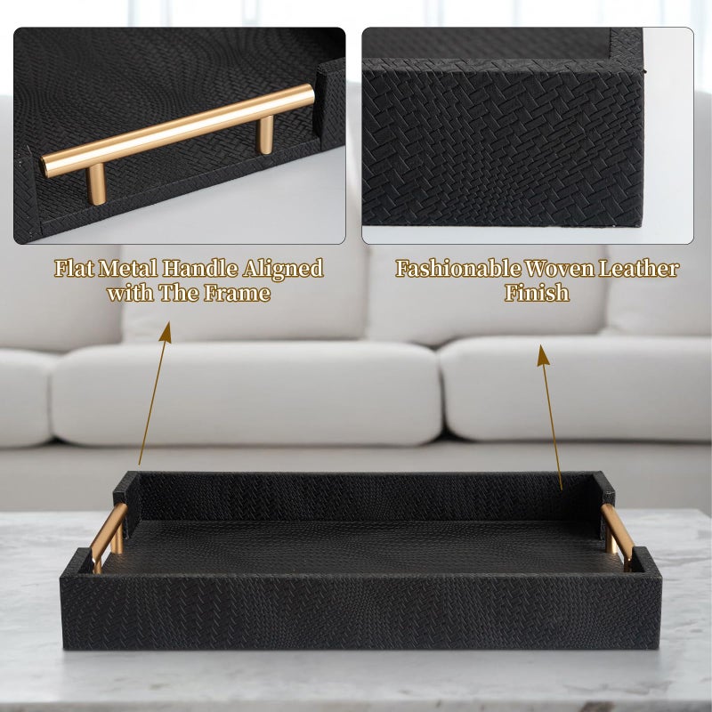 MACVAD 2 Piece Woven Leather Ottoman Tray with Gold Handles, Perfect Rectangular Serving Tray for Living Room, Coffee Table Tray as Thoughtful Gift for Home Decor Enthusiasts (Black) - Image 4