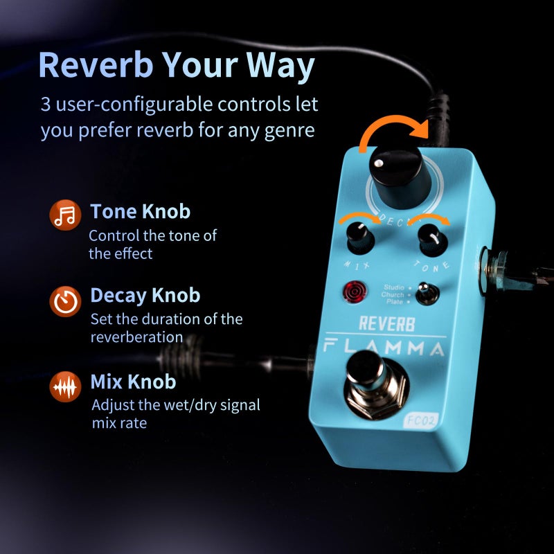FLAMMA FC02 Mini Reverb Pedal Digital Guitar Pedal with 3 Reverb Effects Church Plate Studio True Bypass - Image 3