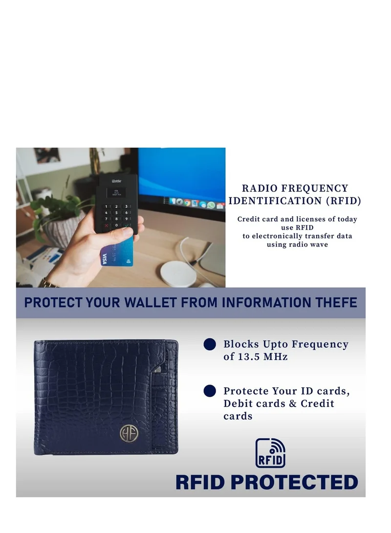 HAMMONDS FLYCATCHER Leather Wallets for Men, Blue | RFID Protected Leather Wallet for Men | Mens Wallet with 6 Card Slots | Croc Blue