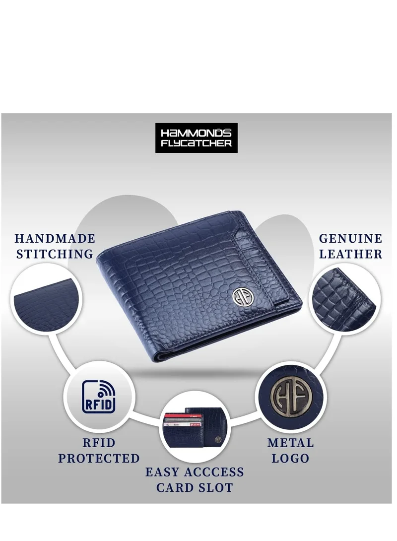 HAMMONDS FLYCATCHER Leather Wallets for Men, Blue | RFID Protected Leather Wallet for Men | Mens Wallet with 6 Card Slots | Croc Blue