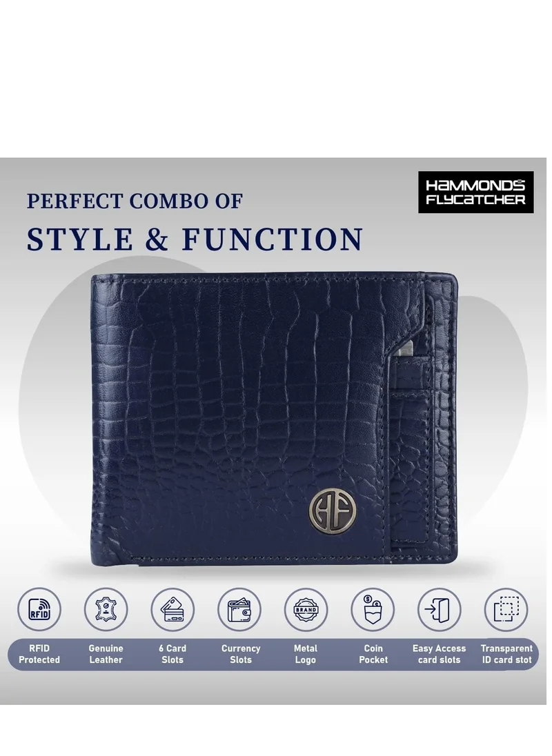 HAMMONDS FLYCATCHER Leather Wallets for Men, Blue | RFID Protected Leather Wallet for Men | Mens Wallet with 6 Card Slots | Croc Blue