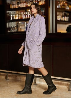Campus Sutra Women's Lavender Metallic-Veined Fur Long Coat  - Image 3