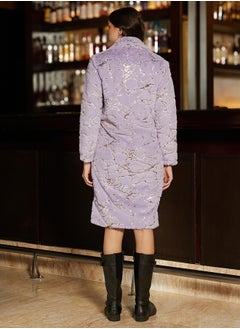 Campus Sutra Women's Lavender Metallic-Veined Fur Long Coat  - Image 5