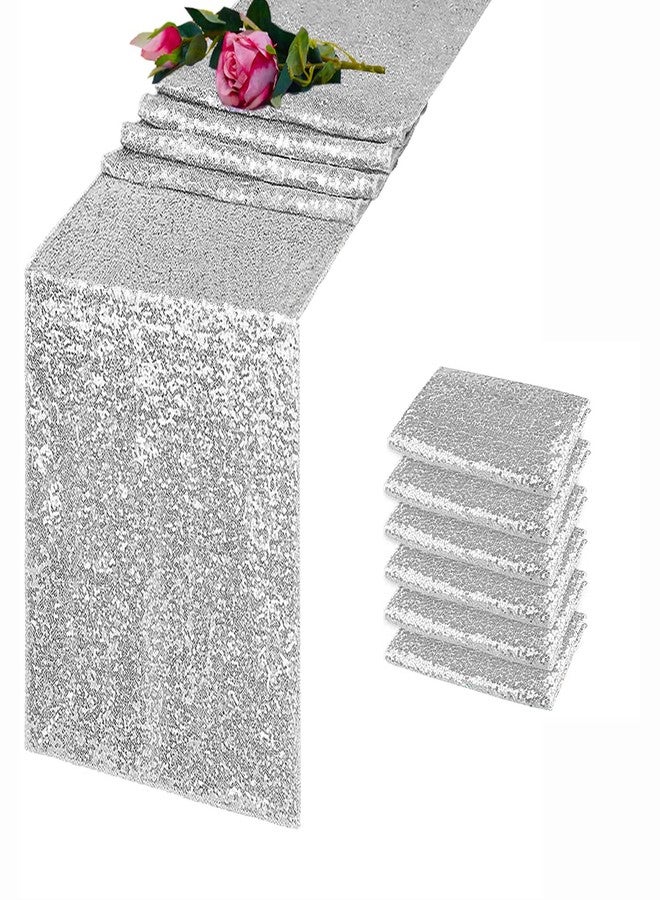 TCBESTO 6 Pack Silver Sequin Table Runner 12x108 Inch, High Density Sparkly Glitter Table Runners for Wedding Reception, Birthday Party, Banquet, Baby Shower, Silver Metallic Shimmering Decor - Image 1