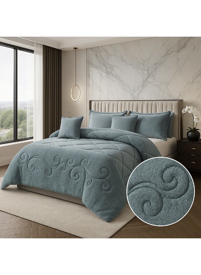 مينج لي مفرش شتوي نفرين نظام وجهين وجه مخمل وجه فرو - طقم مفارش 6 قطع ( 1 لحاف + 1 وشرشف مطاطي + 4 أغطية وسائد ديكورية ) يناسب سرير مقاس 200x200 سم - Image 5