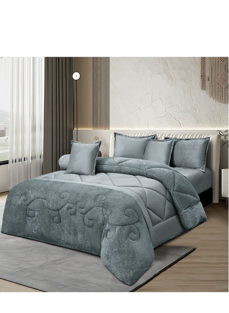 مينج لي مفرش شتوي نفرين نظام وجهين وجه مخمل وجه فرو - طقم مفارش 6 قطع ( 1 لحاف + 1 وشرشف مطاطي + 4 أغطية وسائد ديكورية ) يناسب سرير مقاس 200x200 سم - Image 2