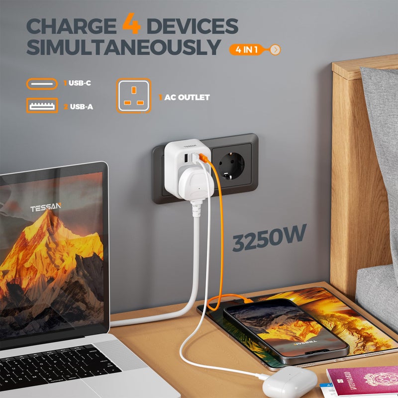 تيسان TESSAN UK to European Plug Adapter, EU Travel Adaptor with USB C - Image 5