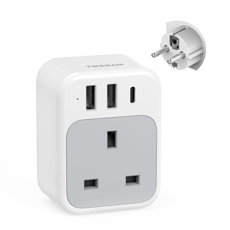 تيسان TESSAN UK to European Plug Adapter, EU Travel Adaptor with USB C - Image 1