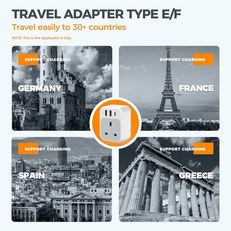 تيسان TESSAN UK to European Plug Adapter, EU Travel Adaptor with USB C - Image 3