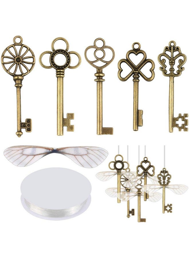 SANNIX 50 PCS Vintage Skeleton Keys Flying Keys with 50 Pairs Dragonfly Wings and 30 Yards Elastic Crystal String for DIY Christmas Decorations - Image 1