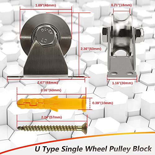 MACGQ Groove Wheel Pulley Stainless Steel Pulley Block Super Silent Single Pulley Block for DIY Gym Equipment,Sliding Gate Detachable Duplex Bearing with Mounting Screws and Expansion Pipes U Type (2 Pack) - Image 2