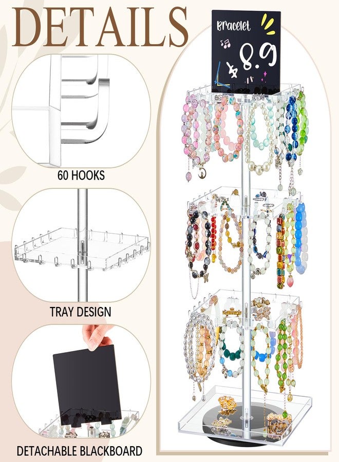 Kathfly 4-tier Bracelet Holder 360° Rotating Acrylic Bracelet Display Stand with 60 Hooks, Jewelry Holder Organizer with Tray, Jewelry Display Stand with Advertising Board for Bangles Keychain Earrings Vendor - Image 3