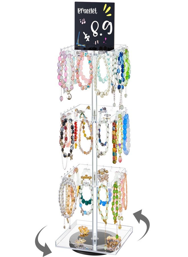 Kathfly 4-tier Bracelet Holder 360° Rotating Acrylic Bracelet Display Stand with 60 Hooks, Jewelry Holder Organizer with Tray, Jewelry Display Stand with Advertising Board for Bangles Keychain Earrings Vendor - Image 1