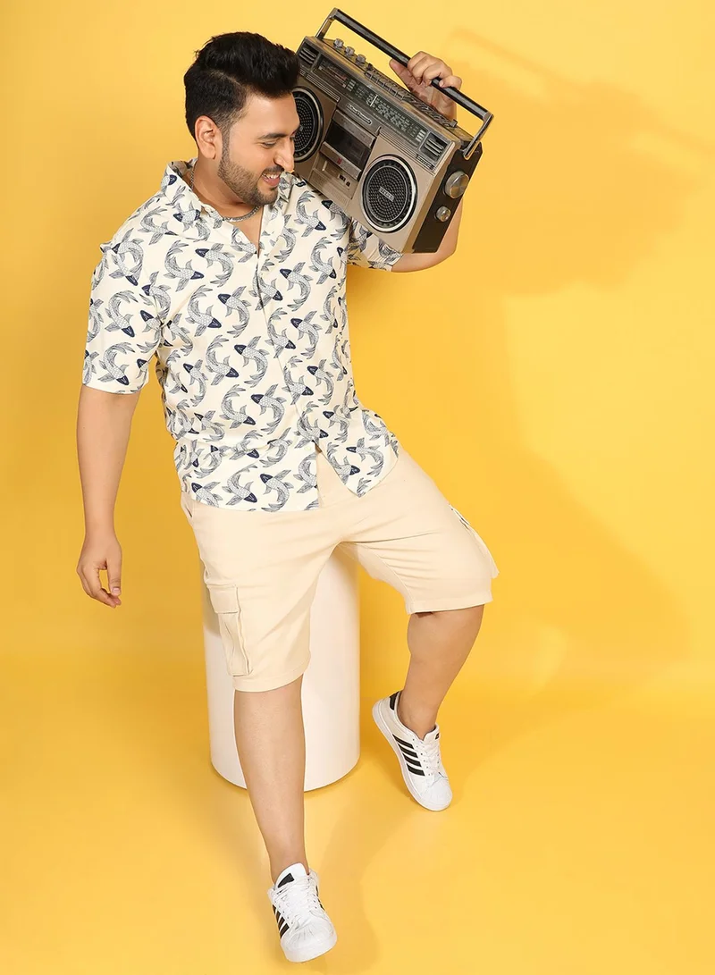 Instafab Plus Instafab Plus Men's White Fish Print Button Up Plus-Size Fit Shirt For Casual Wear | Heavy Rayon Spread Collar Shirt Crafted With Regular Sleeve & Comfort Fit For Everyday Wear