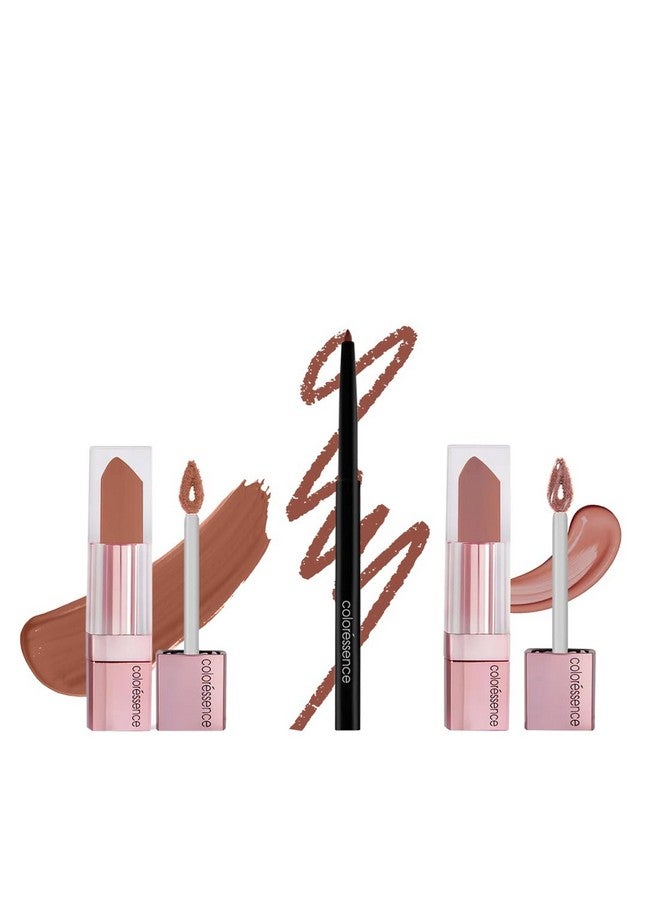 Coloressence Bare Lips Combo (Combo Of 3 Lip Makeup Products) | Transfer Proof Omk Lipstick (Brown Butter) | Lip Liner (Brown) | Plumpkin Tinted Lip Gloss (Mocha Short)  - Image 1