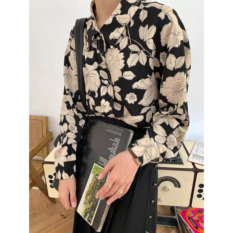 Annual meeting performance green travel photo retro Hong Kong style print long-sleeved shirt spring and autumn fashion Christmas performance shirt - Image 1