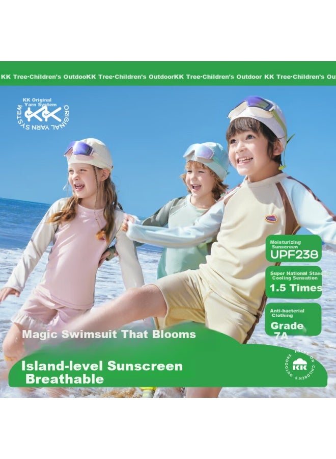 Kocotree Kk Tree Children's Uv Protection Chlorine Resistant Long Sleeve Split Body Boys Girls Swimsuit Color Block Apricot Coffee 160 - Image 1