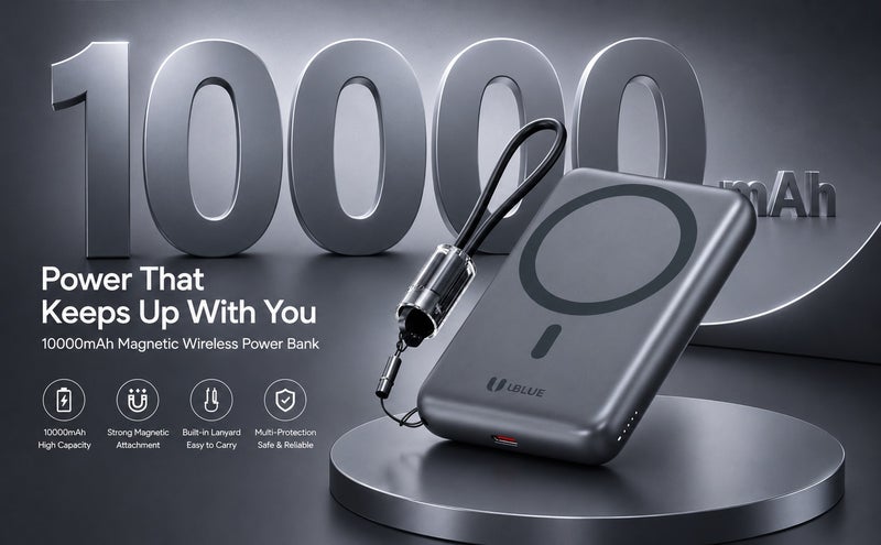 يوبلو شاحن لاسلكي UBLUE بسعة 10000 مللي أمبير مع كابل، شاحن محمول نحيف مزود بكابل مدمج ومنفذ USB-C، بطارية احتياطية لأجهزة iPhone وSamsung Galaxy وAirPods، أسود - Image 2