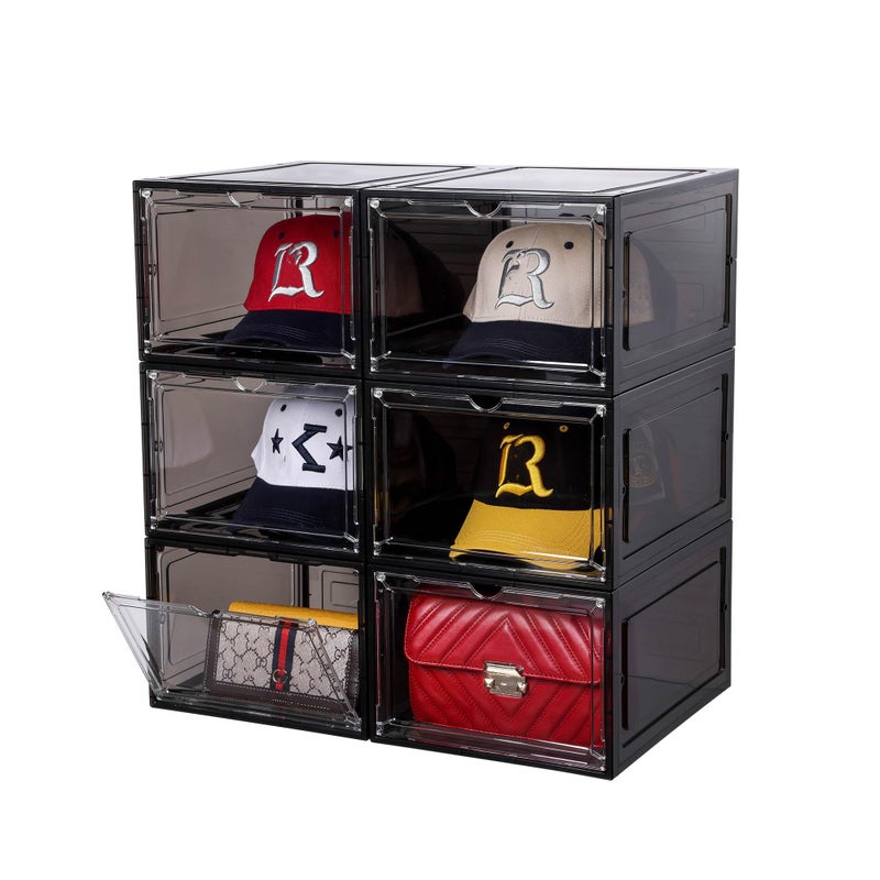 Attelite Hat Organizer for Baseball Caps set of 6 Stackable Hat Storage Box With Transparent Magnetic Door Hat Rack Easy to Assemble Stylish DisplayClear Black