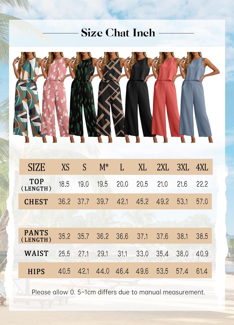 IWOLLENCE Women's Summer 2 Piece Outfits Set Round neck Sleeveless Tank Crop Top Wide Leg pants Set Pockets Jumpsuits Coral Red Large - Image 4