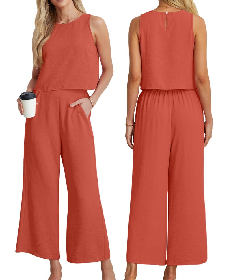 IWOLLENCE Women's Summer 2 Piece Outfits Set Round neck Sleeveless Tank Crop Top Wide Leg pants Set Pockets Jumpsuits Coral Red Large - Image 3