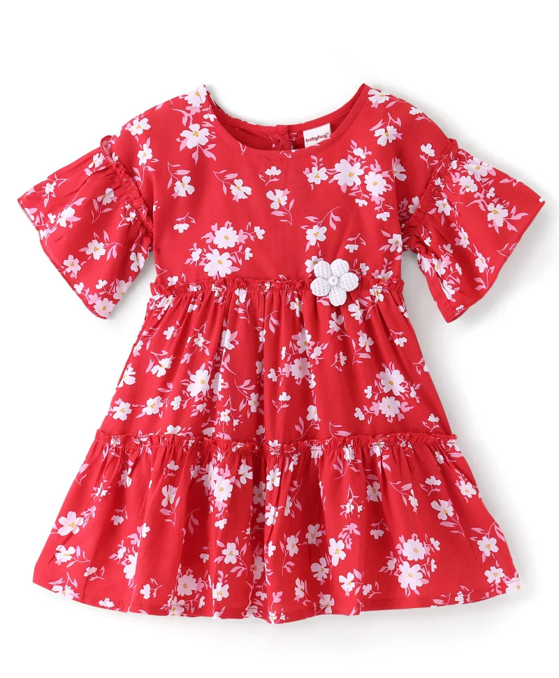 babyhug Babyhug Woven Half Sleeves Frock With Floral Print - Red