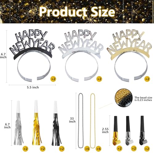 IMISHM New Year Party Favors Kit Happy New Year party supplies Include Headbands Beaded Necklaces Horns Blowouts NYE Party Supplies for Guests Celebrations Photo Props - Image 5