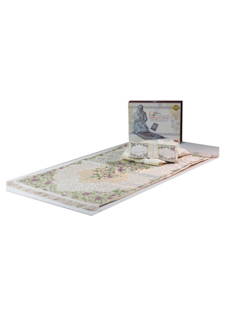 سندس مجموعة الصلاة ثوب وسجادة وغطاء مصحف مزخرف لون بيج  مقاس كبير - Image 1