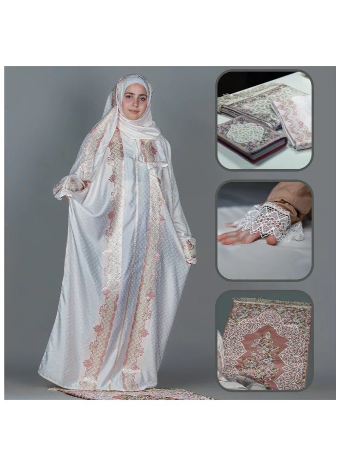 سندس مجموعة الصلاة ثوب وسجادة وغطاء مصحف مزخرف لون بيج  مقاس كبير - Image 5