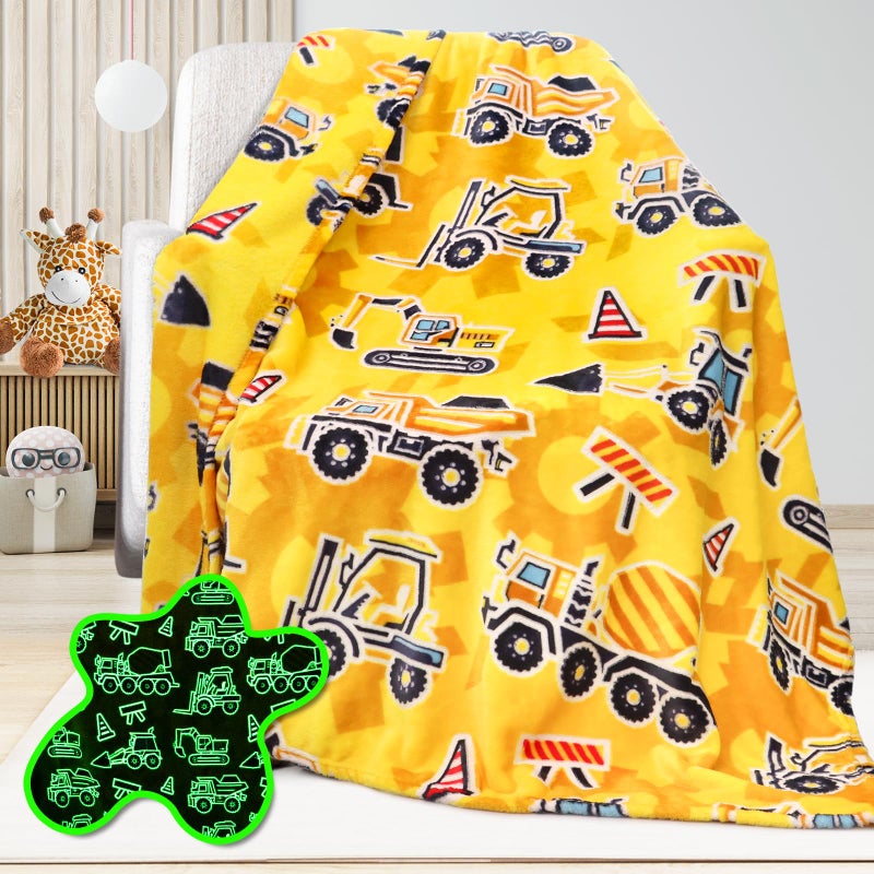 UOFON Construction Truck Excavator Blanket for Boys, Kids, Soft Cozy Fleece Throw for Bed, Sofa, Bedroom, Birthday Gifts for Toddlers, Children, Glow in The Dark Blanket - Image 1