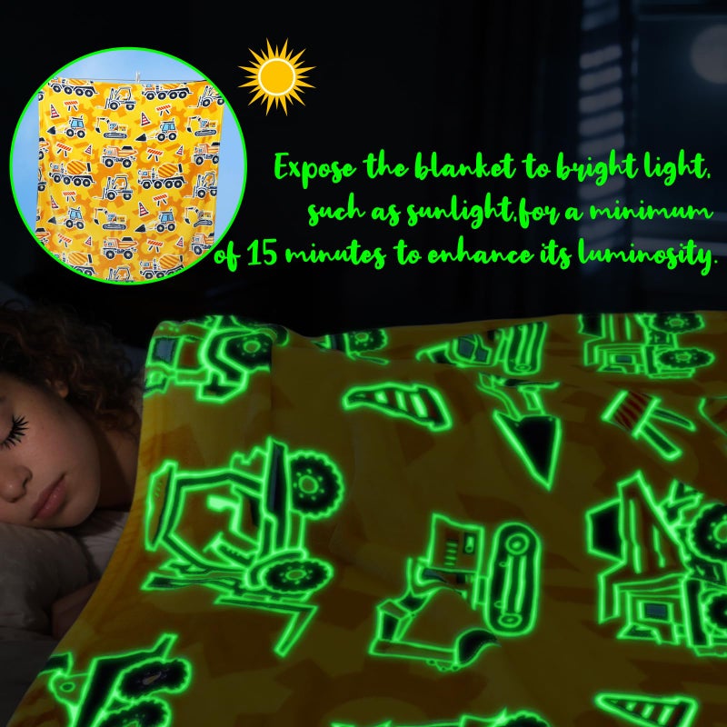 UOFON Construction Truck Excavator Blanket for Boys, Kids, Soft Cozy Fleece Throw for Bed, Sofa, Bedroom, Birthday Gifts for Toddlers, Children, Glow in The Dark Blanket - Image 2