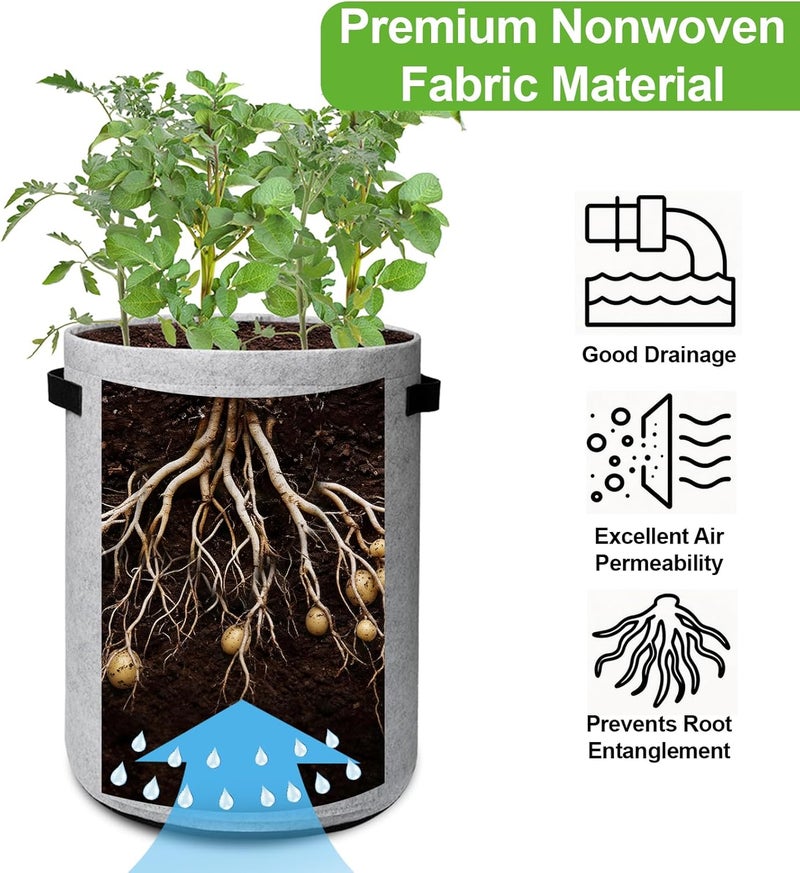 Homyhoo Potato Grow Bags with Flap 10 Gallon, 4 Pack Planter Pot with Handles and Harvest Window for Potato Tomato and Vegetables, Black and Gray - Image 2