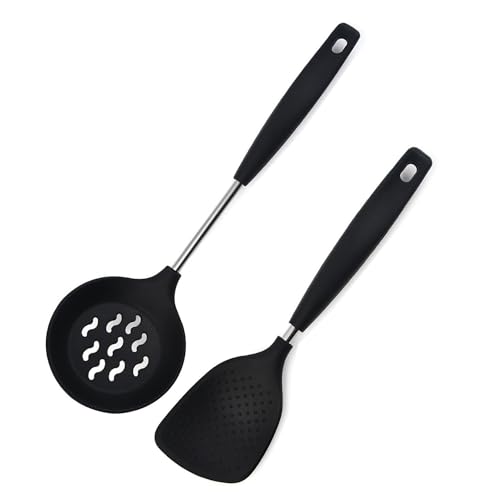 P-Plus International Rice Spatula - Skimmer Spoon for Frying - Idli Spoon for Removing Idli - Stainless Steel Skimmer Spoon - Rice Spoons for Serving Non Stick Spoon Set for Cooking (Set of 2, Black) - Image 1