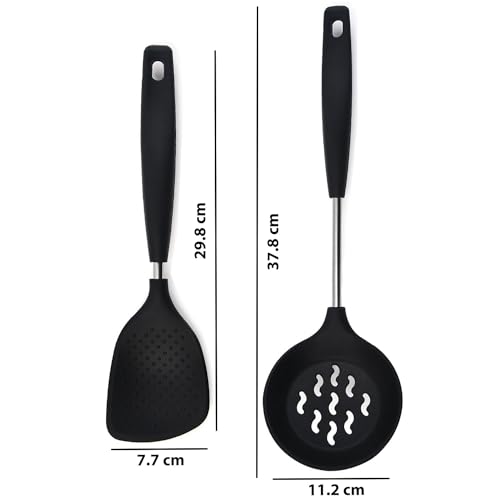 P-Plus International Rice Spatula - Skimmer Spoon for Frying - Idli Spoon for Removing Idli - Stainless Steel Skimmer Spoon - Rice Spoons for Serving Non Stick Spoon Set for Cooking (Set of 2, Black) - Image 2