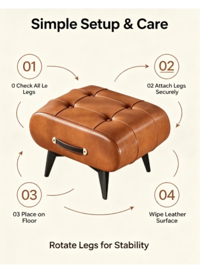Vintage PU Leather Tufted Ottoman Foot Stool with Handle, Small Rectangular Padded Footrest Bench with Metal Legs, Multi-purpose Shoe Changing Stool for Entryway Living Room Bedroom - Image 4