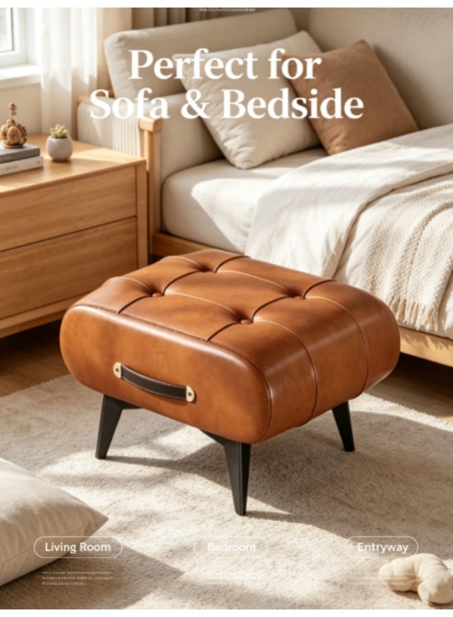 Vintage PU Leather Tufted Ottoman Foot Stool with Handle, Small Rectangular Padded Footrest Bench with Metal Legs, Multi-purpose Shoe Changing Stool for Entryway Living Room Bedroom - Image 3