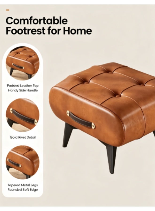 Vintage PU Leather Tufted Ottoman Foot Stool with Handle, Small Rectangular Padded Footrest Bench with Metal Legs, Multi-purpose Shoe Changing Stool for Entryway Living Room Bedroom - Image 2