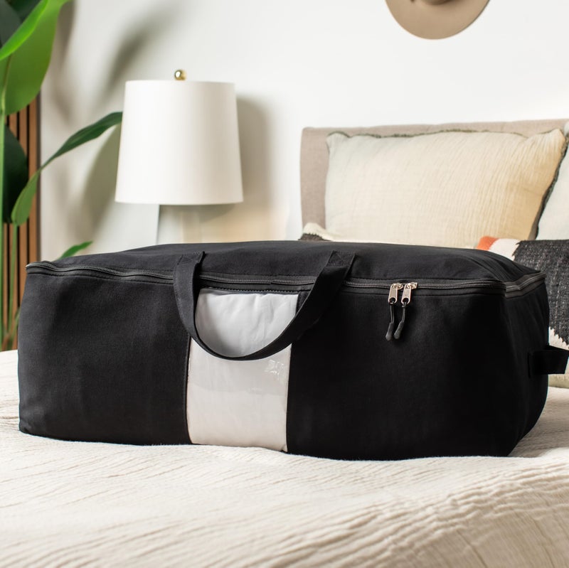 VeraMia Soft Canvas Storage Bags with Zipper. Thick Breathable, 1pc King/Queen Comforter Organizer. Four Carrying Handles and Window. Large 25x19x9in Bag for Sheets Blankets Bedding Pillows, Clothes (Black) - Image 2