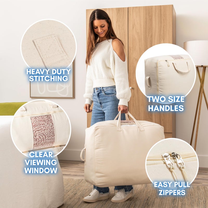 VeraMia Soft Canvas Storage Bags with Zipper. Thick Breathable, 1pc King/Queen Comforter Organizer. Four Carrying Handles and Window. Large 25x19x9in Bag for Sheets Blankets Bedding Pillows, Clothes (Black) - Image 5